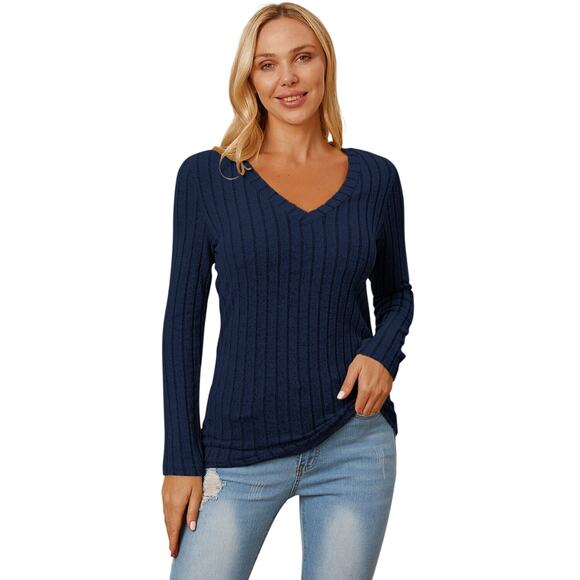 BASIC BAE Plus Dark Blue Ribbed V-Neck Long Sleeve Casual Top NEW 3X - Picture 6 of 7